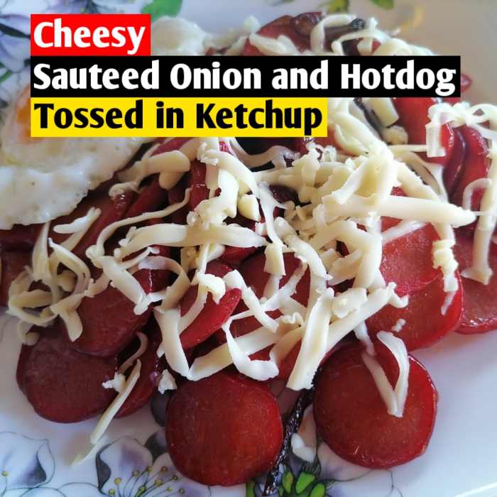 Cheesy hot dog with sauteed onion and ketchup