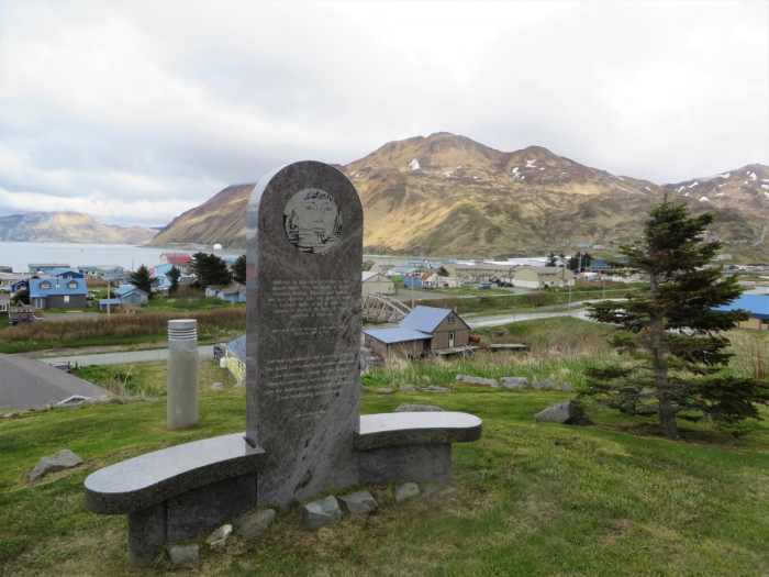A memorial sits atop a hill in Unalaska. Natives also received reparation payments and an official apology from the U.S. government.