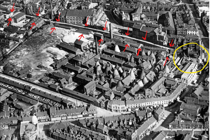 An aerial photograph of Stoke from 1927 showing the Spode factory and the Newcastle-under-Lyme Canal (the red arrows). The yellow circle shows where the tunnel goes underneath the road at Church Street, Campbell Place.