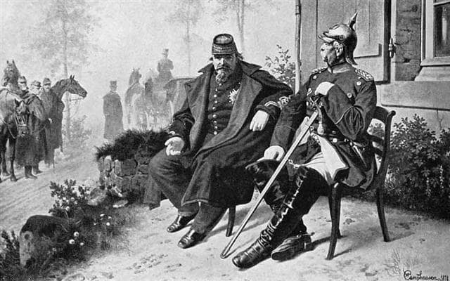 Napoleon III, in a General's uniform, with Bismarck after the Battle of Sedan.