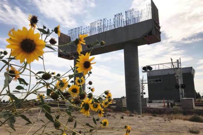 "California Stonehenge?" The sad, weed-grown remnants of the 77 billion dollar "Browndoggle" bullet train.