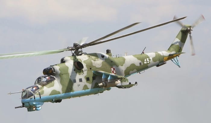 The Mi-24 Hind, a "transport" helicopter with impressive armor, a 12.7mm Gatling gun, rockets, and anti-tank missiles.