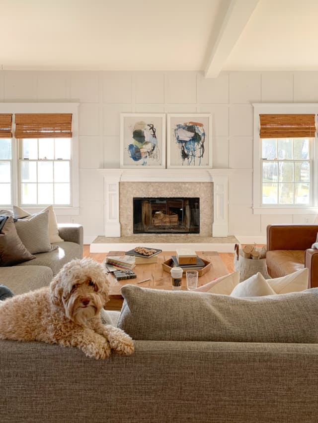 The batten square grid wall from the floor to the beam ceilings. The living room in the windows and the fireplace.