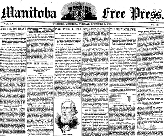 Winnipeg, the capitol of Manitoba, was only incorporated in 1881. The Manitoba legislature is built of Tyndall stone, a limestone quarried near Tyndall, Manitoba, a town named for the physicist.