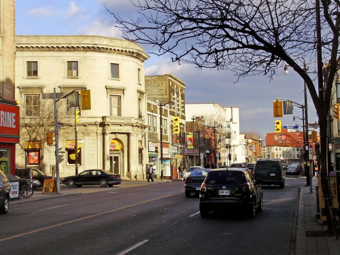 Looking east down Dundas Street West at its intersection with Keele Street in the heart of the Junction neighbourhood in Toronto, Ontario, Canada.