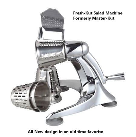 Old fashioned hand crank salad maker makes a large bowl of salad and slaw in short order. They are easy to use and clean compared to an electric model.