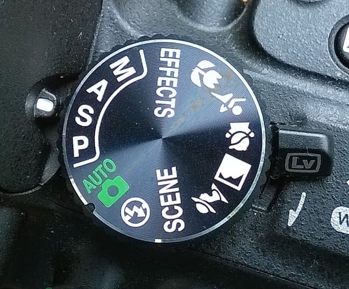 Exposure and scene mode setting knob on a digital single lens reflex camera (DSLR). 'A' is aperture priority and 'S' is shutter priority.