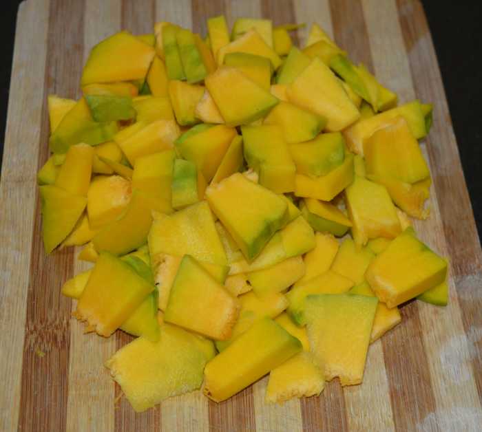 Step one: Wash, peel, and chop the pumpkin.