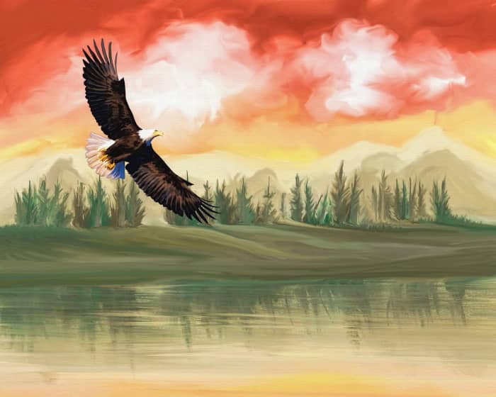 Red, orange, and yellow hues streak across a sky dotted with white clouds. A border of pine trees on land are reflected in yellow tinted water. A flying eagles graces the sky.
