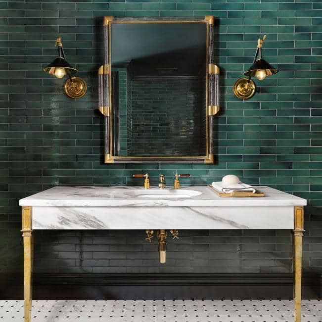 I'm loving this dark green and gold look for a Chinese Zodiac Rat's bathroom. The colors are magical and remind me of a hidden forest owned by fairies. This is a bathroom where you can feel like you can relax.