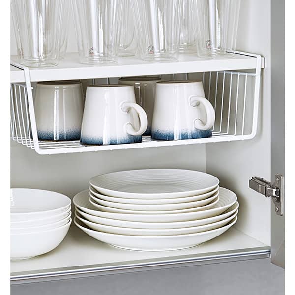 Vinyl-coated under the shelf. The baskets are great for plates or cups. Always slide one onto a kitchen shelf.