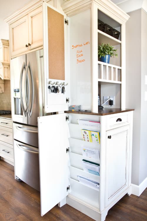 The message center is organized. It has the cabinet, mail slots, a charging station, bulletin board, a whiteboard and keys.