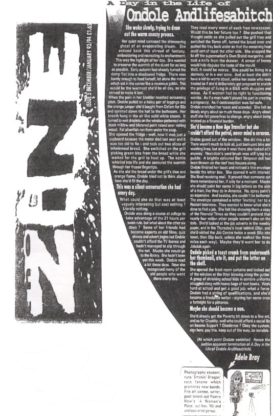 The story as it appeared in The Zine. the cartoon is a self-portrait, showing my camera on a tripod, plus a 'Home Sweet Home' sign with a UFO in it.