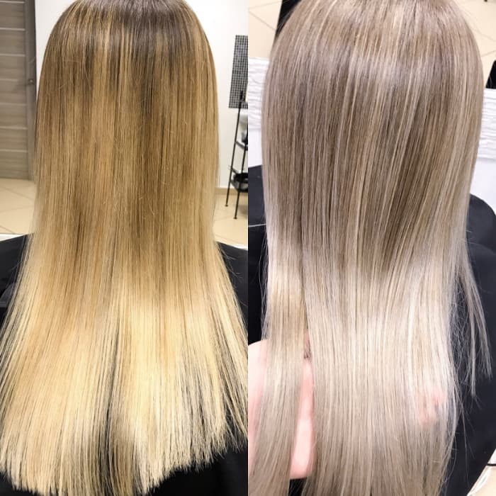 Toning transforms bleached blonde hair into a beautiful result