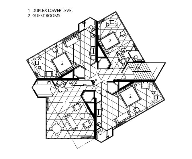 Price Tower: The layout of a typical guest room floor. Notice the Cross-shaped concrete walls run up the building like a tree trunk.