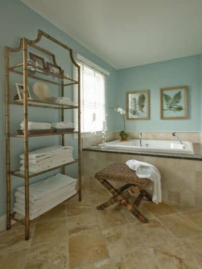 The Tiger bathroom should incorporate bamboo or other wood products. Play with colors like blue, green, and white. There should be enough room to sprawl. Opt for big white towels.