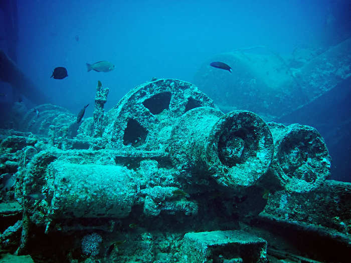 A Winch and associated parts sitting on the deck of the SS Thistlegorm. The Thistlegorm, a transport ship, was sunk by a German bomber, during the Second World War, on 5 October 1941 near Ras Muhammad in the Red Sea. The wreck was originally located