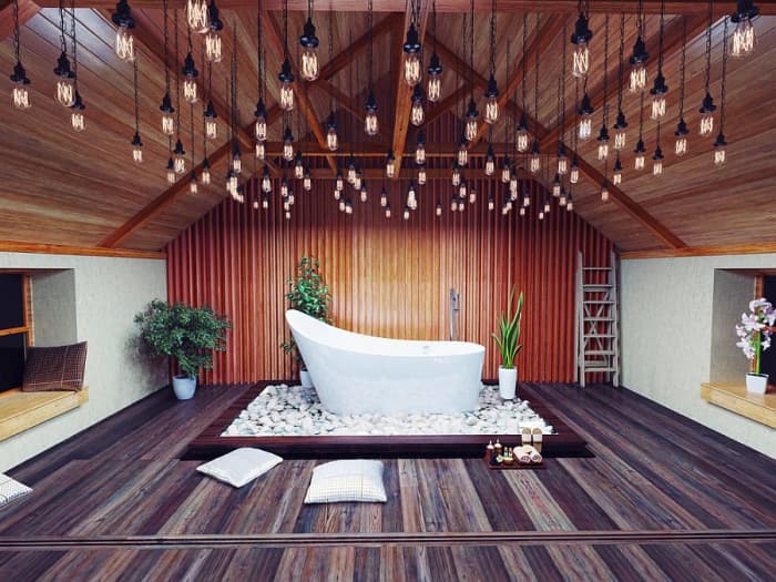 The Rabbit bathroom should have plants, wood, and rounded objects. Hanging lights from the ceiling add a nice touch. It should feel like a zen garden.