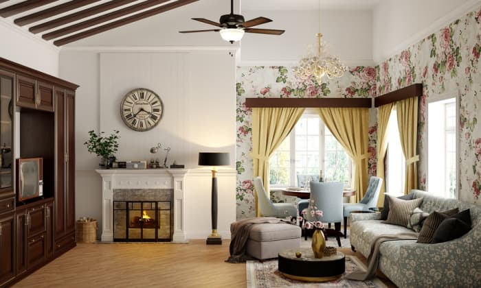 The Rabbit living room should utilize pastel colors, floral wallpaper, wooden furniture, clocks, and tea cups.