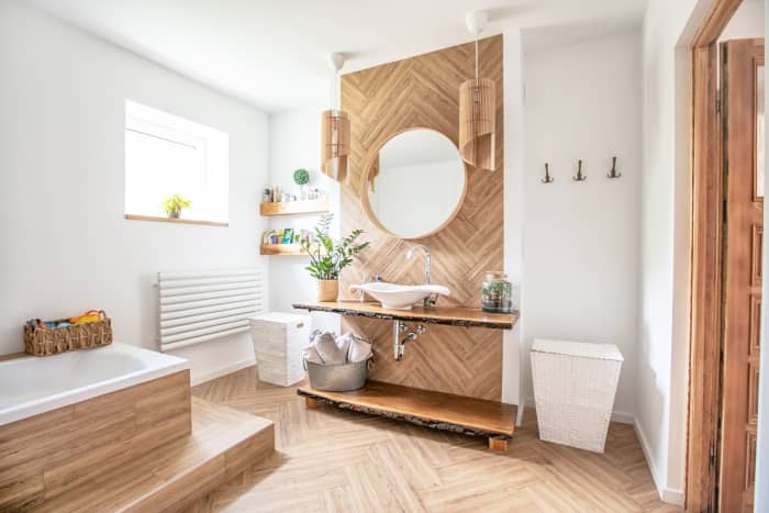 A Rabbit bathroom plays heavily on wood or bamboo. Plants can help make the atmosphere feel more chill. It should feel like a little piece of heaven.