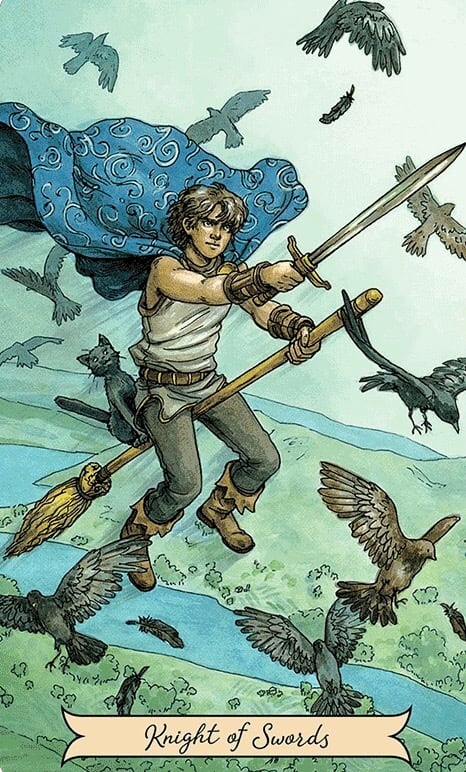 The Knight of Swords is prepared for battle. He knows how to use the sword. He knows how to confront the enemy head-on. He is a mighty opponent, and he can't be easily shaken.