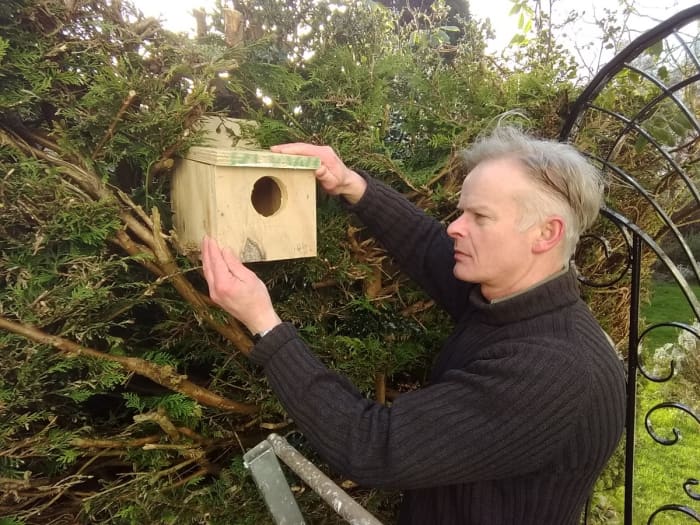 Fixing the box into place. I suspended it with some scrap electrical cable from an overhanging branch.