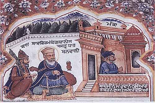 Sri Guru Nanak Dev Ji (centre) dressed in blue robes at Mecca with Bhai Mardana (right) Ji and Bhai Bala Ji (left)