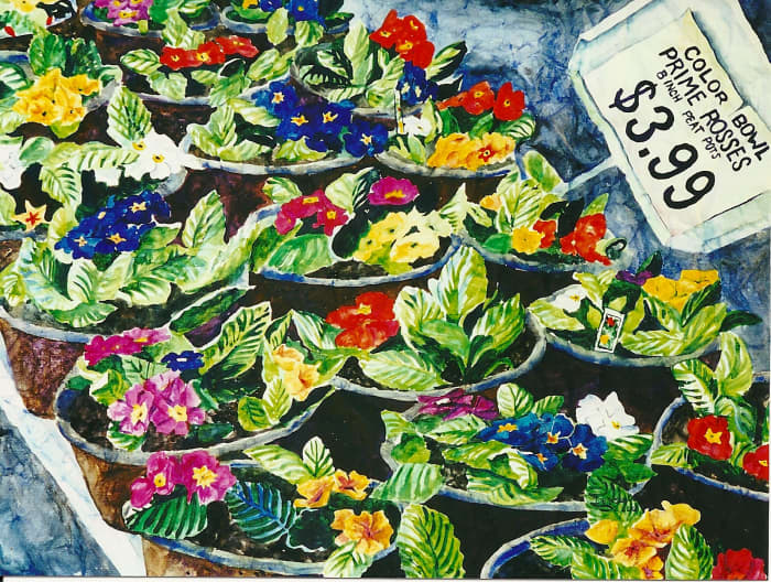 Primroses. My photo reference had a misspelling and I left it there because I thought it was funny. Perhaps I should call this "Folks at RiteAde Don't Know How To Spell".