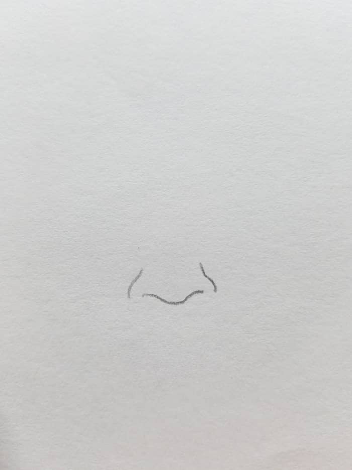 To start our Bootleg Hank Hill we will begin drawing the nose. Start by drawing a flattened U shape almost as if you were drawing a bull's nose. At the end of each tip add a hook both resemble the up swoop of the Nike symbol. Composition starting.