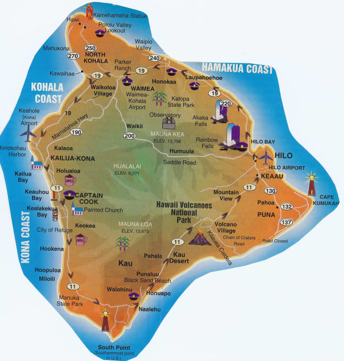 We started from the west side of the island near Kona along the Kohala Coast. I marked the route we took with arrows pointing in the direction of the tour.