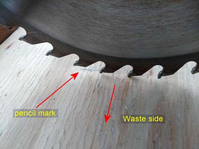 The kerf or cutting width of the teeth on a mitre saw is about 1/8" or 3mm. Cut on the waste side of the pencil line for more accurate results.