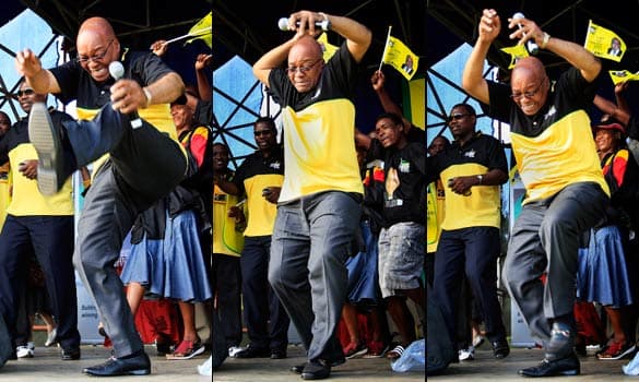 The President of south Africa, Jaacob Zuma, doing an "Indlamu", Zulu traditional Dance, during his run for election. He still is trying to clear the mess - people are looking at him and hope for change.