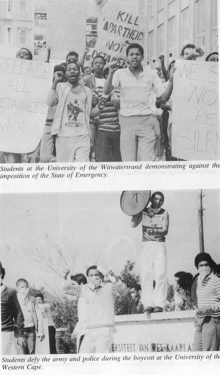 Students from a white University,Wits, in Johannesburg and below, Colored students in the University of Cape Town demonstrating against the state of emergency