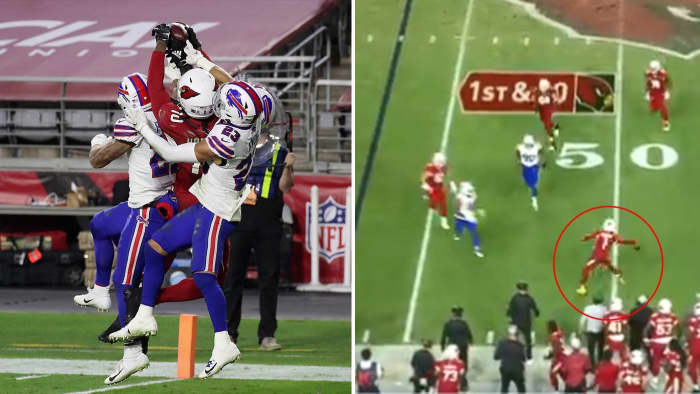 A glimpse of both side of the Hail Mary play. On the left is Star WR Hopkins making the catch and on the right is rising QB Kyler Murray evading defenders and making the throw.