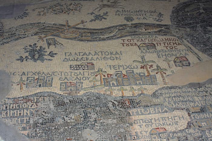 Part of the Madaba map which depicts Turkey, Jerusalem, Jericho, the Dead Sea, Egypt and the Nile, and many other Biblical locations,