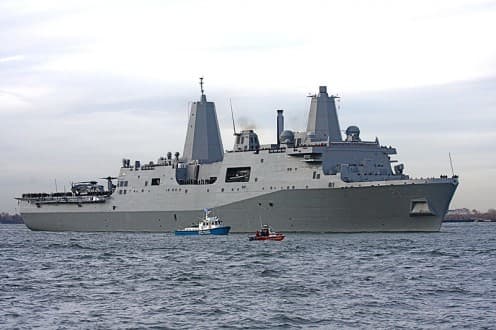 The USS New York as she sails down the Hudson River in NYC in 2009. The ship was recycled out of the remains of the World Trade Center.