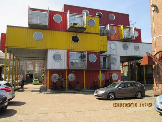 Look to your right at "Container City #1" - #2 is behind. There are several pieces of unusual art around (the wharf now houses an artists' colony and school, the Parkour Academy