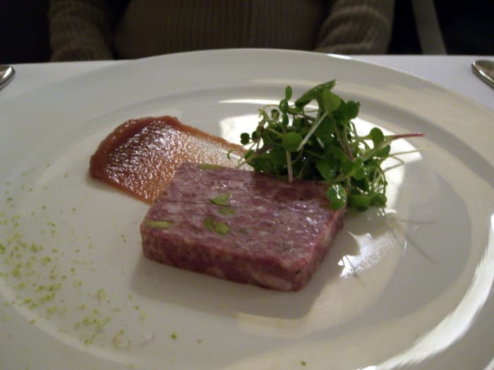Pork terrine is a worldwide favorite: pork terrine with watercress and relish of pears and dates ~ Est Restaurant, Sydney, southeastern Australia