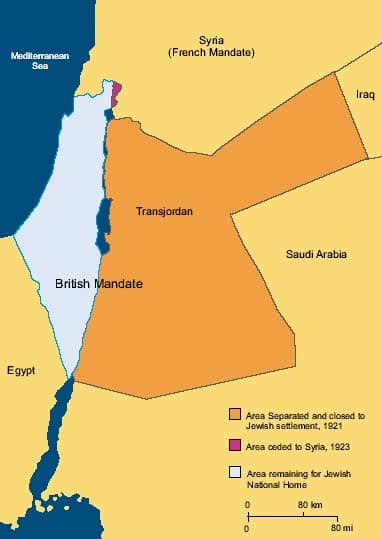 BRITISH PARTITION 1921 REDUCING JEWISH NATIONAL HOME TO POWDER BLUE AREA IN ORDER TO APPEASE ARABS WITH LAND IN ORANGE