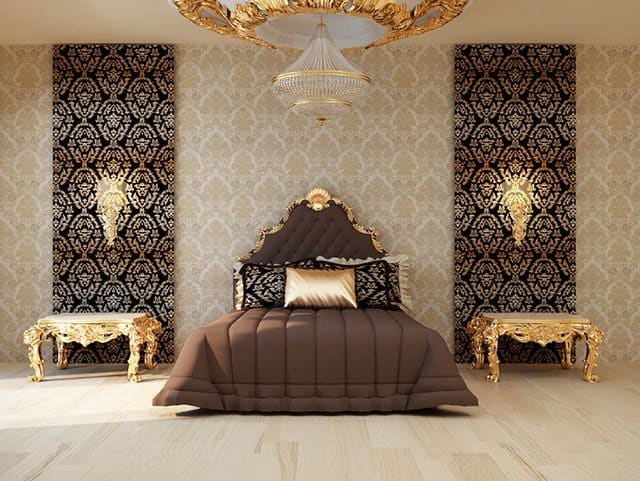 This bedroom is opulent but fits the style for the Chinese Zodiac Rooster. They like the colors, the use of metal, and the seriousness of it all.