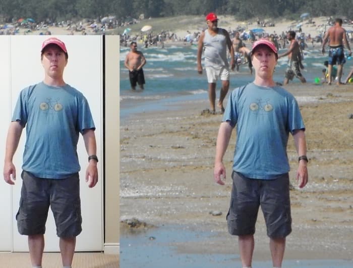 Removed the background and pasted myself into a beach photo.