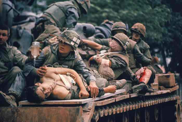 An Iconic photograph taken of wounded Americans riding atop an M-60 Patton tank during the battle for Hue. One in every ten American soldiers who served in Vietnam was killed or wounded. 119 Americans lost their lives in the battle to re-take Hue.