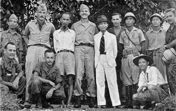 Ho Chi Minh and American OSS agents 1945. During the Second World War Ho worked with the Americans to battle the Japanese who occupied Vietnam during the war.