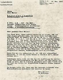Letter from Lebensborn office to Reichsdeutsche family of Herr Müller in Germany informing that two perfect boys have been found for them to choose one they like. The boys' names have already been Germanized, 18 December 1943 Foreign children abducte