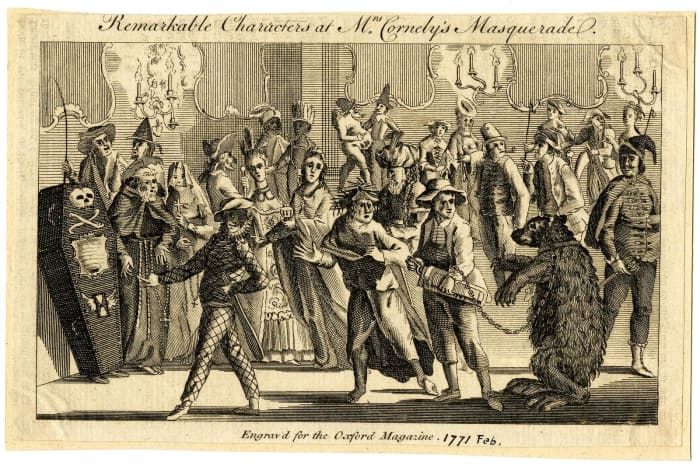 "Remarkable characters at Mrs. Cornely's masquerade", engraved for the Oxford Magazine, Feb. 1771 © The Trustees of the British Museum