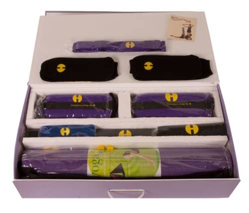 Exercise Mat, 2 lb. wrist weights, 3 lb. ankle weights, Stretching Strap, Strap Cushion, headband, 1 pair of grip socks plus workout guide. Also suitable for people who are overweight, athletes and physical therapy patients for a complete workout.