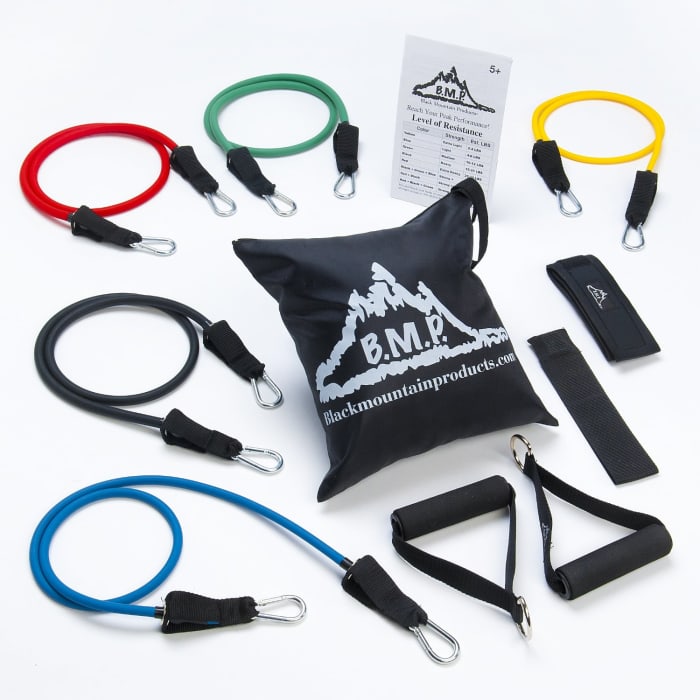 Any band can be used together to create multiple levels of resistance from 4lbs to 75lbs. The metal clips on bands can attach to soft-grip handles or ankle straps. A door anchor, a carry bag and ankle straps are included.