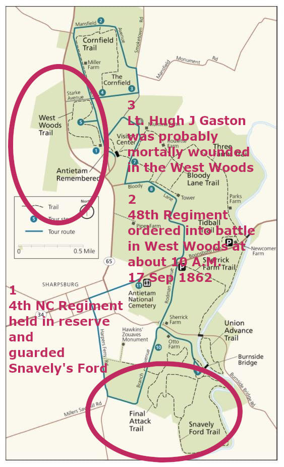 Figure 5.-- Antietam National Battlefield Trail Map , Showing Probable Locations of Lt. Hugh Jones Gaston, CSA, 48th NC Regiment on 17 September 1862.