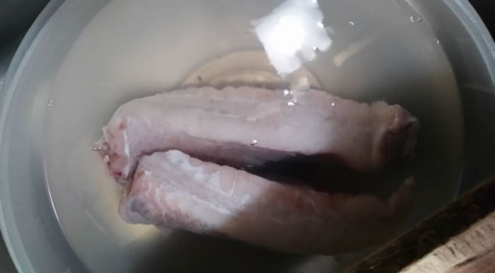 I froze the monkfish when I bought it, so I had to place the fillets in a bowl of cold water to thaw.