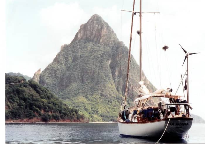 My old sailboat and former home, a 1967 Pearson Vanguard. In this photo I'm anchored off of the Pitons of St. Lucia.